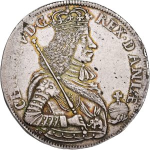 Christian V, speciedaler 1675, Sieg 62, H 65, kv. 01-1+, valsespor, let renset.