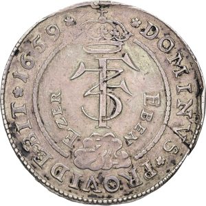 Frederik III, 8 mark / 2 krone 1659, Eben Ezer dobbeltkrone, Sieg 52, H 99, Aagaard 73.1, kv. 1+, blankerevne, renset/ridset i felter, monteringsspor.
