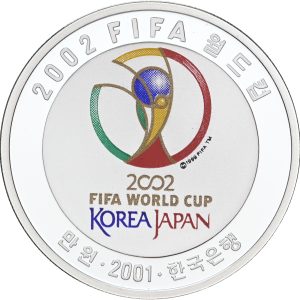 Korea, 10000 Won 2001, KM 90, Ag 999/1000, 1 Oz, "FIFA World Cup 2002", with certificate, in capsule and  original box of issue.