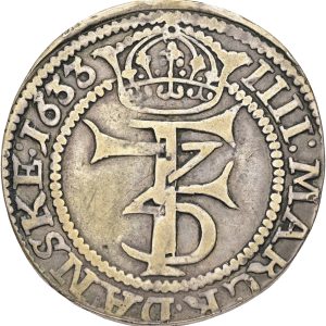Frederik III, 4 mark / krone 1633 (1655), Mysteriekrone, Sieg 44.1, H 187A, Aagaard M 53-1, kv. 1-1+, Ex. Oslo Myntgalleri 3, 24.11.2013, lot 1447.