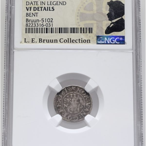 Christian IV, 2 kroneskilling 1619, Sieg 32.1, H 12A, LEB 5102, NGC VF Details – bent, ex. L.E. Bruun, original samleretiket medfølger.