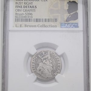 Christian IV, 1/2 krone 1624, Sieg 81, H 128, LEB 55396, NGC Fine Details, graffiti, ex. L.E. Bruun, original LEB-etiket medfølger.