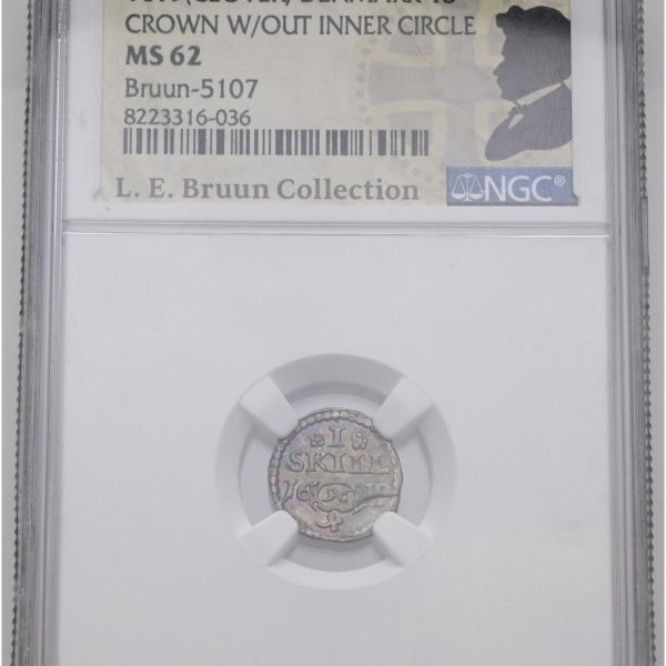 Christian IV, skilling 1619, Sieg 22.1, H 113A, LEB 5107, NGC MS 62, blankerevne, særdeles nydelig toning, ex. L.E. Bruun.