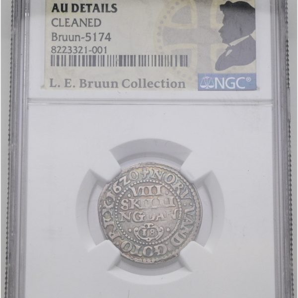 Christian IV, 8 kroneskilling 1620, Sieg 57.1, H 114A, LEB 5174, NGC AU Details – cleaned, nydelig toning, ex. L.E. Bruun.