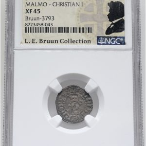 Christian I, Malmø, hvid u. år, 1.3, G 23C, LEB 3793, NGC XF 45, ex. L.E. Bruun, original samleretiket medfølger.