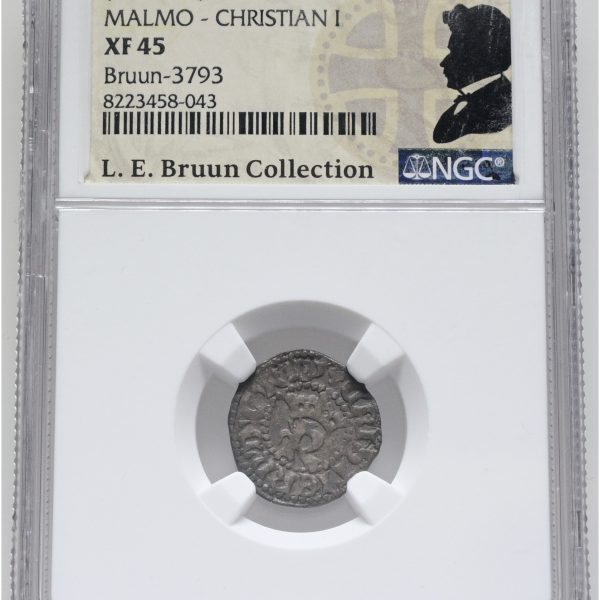 Christian I, Malmø, hvid u. år, 1.3, G 23C, LEB 3793, NGC XF 45, ex. L.E. Bruun, original samleretiket medfølger.
