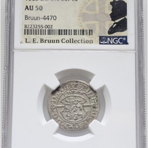 Frederik II, skilling 1563, Sieg 3, H 12, LEB 4470, NGC AU 50, ex. L.E. Bruun, original samleretiket medfølger.