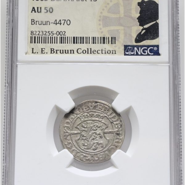 Frederik II, skilling 1563, Sieg 3, H 12, LEB 4470, NGC AU 50, ex. L.E. Bruun, original samleretiket medfølger.