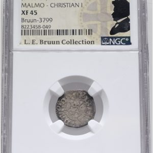 Christian I, Malmø, hvid u. år, 1.3, G 23C, LEB 3799, NGC XF 45, ex. L.E. Bruun, original samleretiket medfølger.