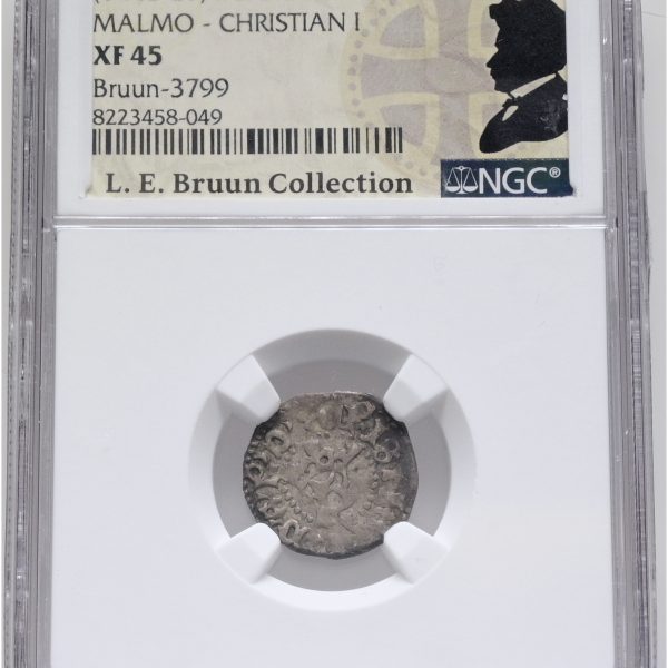 Christian I, Malmø, hvid u. år, 1.3, G 23C, LEB 3799, NGC XF 45, ex. L.E. Bruun, original samleretiket medfølger.