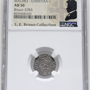 Christian I, Malmø, hvid u. år, 1.3, G 23C, LEB 3783, NGC AU 50, nydeligt eksemplar, ex. L.E. Bruun, original samleretiket medfølger. (Kopier)