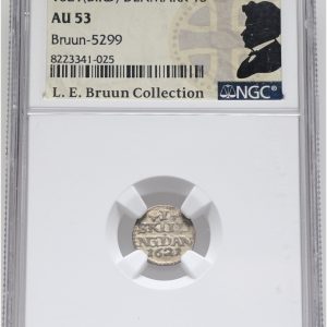 Christian IV, skilling 1621, Sieg 24.2, H 119B, LEB 5299, NGC AU 53, ex. L.E. Bruun, original samleretiket medfølger.