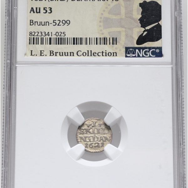 Christian IV, skilling 1621, Sieg 24.2, H 119B, LEB 5299, NGC AU 53, ex. L.E. Bruun, original samleretiket medfølger.