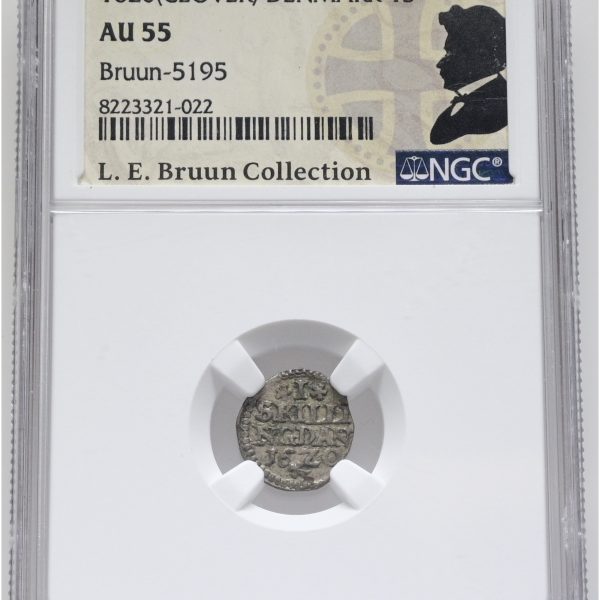 Christian IV, skilling 1620, Sieg 24.3, H 119C, LEB 5195, NGC AU 55, ex. L.E. Bruun, original samleretiket medfølger.