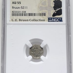 Christian IV, skilling 1620, Sieg 24.4, H 119D, LEB 5211, NGC AU 55, ex. L.E. Bruun, original samleretiket medfølger.