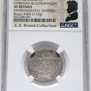 Christian III, 2 skilling 1559, Sieg 34, H 10, LEB 4384, NGC XF Details - environmental damage, ex. L.E. Bruun, original samleretiket medfølger.