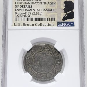 Christian III, 2 skilling 1559, Sieg 10, G 104, LEB 4177, NGC XF Details - environmental damage, ex. L.E. Bruun, original LEB-etiket medfølger.