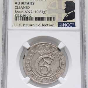 Christian V, 2 mark 1681, Sieg 27, H 69B, Aagaard 31, LEB 6972, NGC AU Details - cleaned, ex. L.E. Bruun, original samleretiket medfølger.