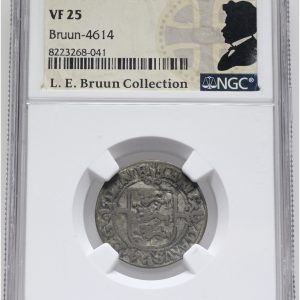 Christian IV, 2 skilling 1595, Sieg 28, H 67, LEB 4614, NGC VF 25, ex. L.E. Bruun, original samleretiket medfølger.