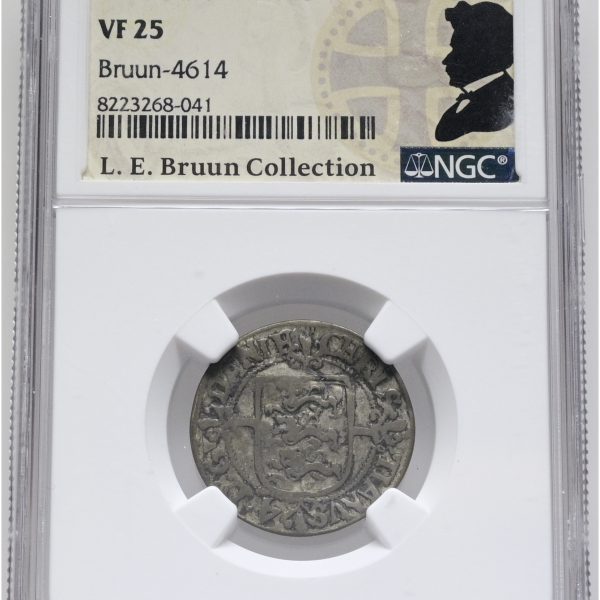 Christian IV, 2 skilling 1595, Sieg 28, H 67, LEB 4614, NGC VF 25, ex. L.E. Bruun, original samleretiket medfølger.