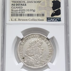 Frederik III, 2 mark 1666, Sieg 36.2, H 107A, Aagaard 149.3 (65-2/66GK1), LEB 6529, årstal rettet fra 1665, NGC AU Details - cleaned, ex. L.E. Bruun, original samleretiket medfølger.
