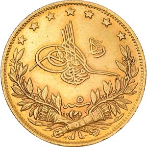Ottoman Empire, Mehmed V Reşâd, 100 Kuruş 1327 (1913), Au, 917/1000, 7.19 g, F 154, KM 754, EF
