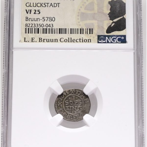 Christian IV, Glückstadt, søsling lybsk 1645, Sieg 164.3, H 178B, LEB 5780, NGC VF 25, ex. L.E. Bruun.