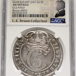 Christian V, 4 mark / krone 1673, Sieg 137.1, H 121, Aagaard 25.10 (73-33/73-14), LEB 6820, AU Details - cleaned, ex. L.E. Bruun, original samleretiket medfølger.