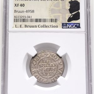 Christian IV, 4 skilling 1616, Sieg 43.1, H 100A,  LEB 4958, NGC XF 40, ex. L.E. Bruun, original samleretiket medfølger.