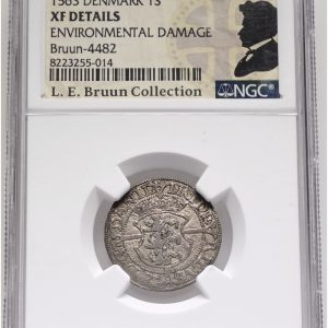 Frederik II, skilling 1563, Sieg 3, H 12, LEB 4482, NGC XF Details - environmental damage, ex. L.E. Bruun, original samleretiket medfølger.