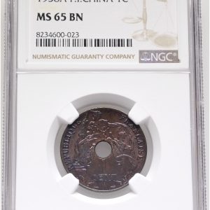 French Indochina, Cent 1938 A, KM 12, NGC MS 65 BN. Great eye appeal, with blue iridescence and lingering original red luster.