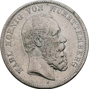 Germany, Wüerttemberg, Karl, 5 Mark 1876 F, KM 623, VF, small edge nick.