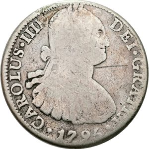 Mexico, Carlos IV, 8 Reales 1794 Mo FM, KM 109, F, traces of mounting.