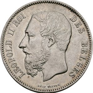 Belgium, Leopold II, 5 Francs 1873, KM 24, VF.