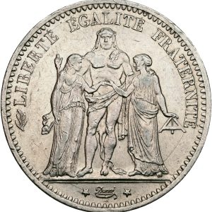 France, 5 Francs 1875 K, KM 820.2, EF-VF, die crack, small scratches, edge nicks.