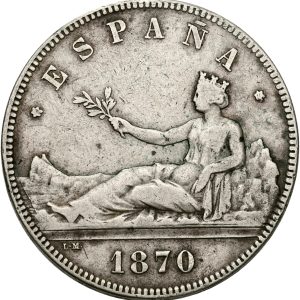 Spain, 5 Pesetas 1870 🟌	SN M, KM 655, VF-F