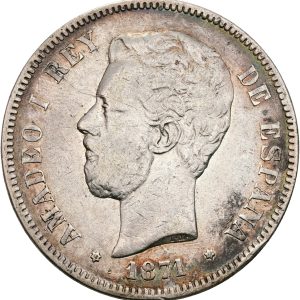 Spain, Amadeo, 5 Pesetas 1871 🟌	SD M, KM 666, VF-F.