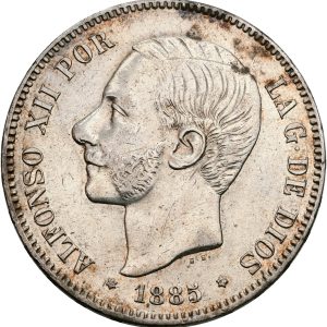 Spain, Alfonso XII, 5 Pesetas 1885 (1887) 🟌 MS M, KM 688, VF.