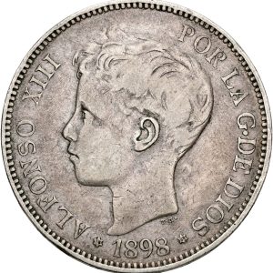 Spain, Alfonso XIII, 5 Pesetas 1898 🟌 SG V, KM 707, VF-F.