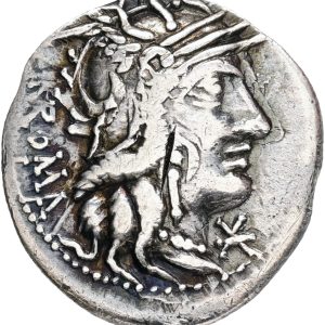 Den Romerske Republik, Marcus Calidus, Q. Metellus og Cn. Fulvius, Denar, 177-176 BC, Syd. 539, Crawford 284/1a, 3,77 g, kv. 1+, små monteringsspor på rand.