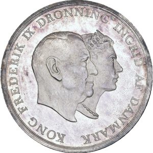 Frederik IX, ministereksemplar, (5 kroner) 1960, kongens og dronningens sølvbryllup, Sieg 12, H 1, kv. M, enkelte håndteringsspor.
