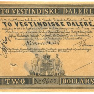 Dansk Vestindien / Danish West Indies, 2 Vestindiske Dalere, blanket med 3 underskrifter, nr. 9602, Sieg 14, Pick 8b, UNC