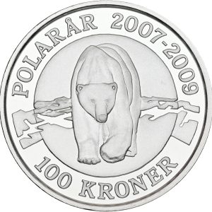 Margrethe II, 100 kroner 2007, Isbjørn, Polarår, Polarmønt, Ag, Sieg 1A, kv. Proof, i original kapsel og æske med certifikat. Modelfoto.