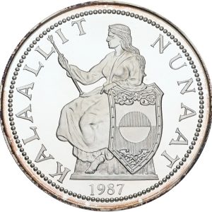 Grønland, 5 Piaster 1987, Ag (999/1000), 5 oz (155,5 g), kv. Proof, i kapsel.