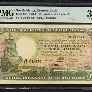 South Africa, Reserve Bank, 5 Pounds 1933-44, no. B/23 248879, J. Postmus, Pick 86b, PMG 30 Very Fine.
