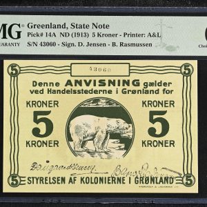 Grønland / Greenland, 5 kroner u. år (1913), nr. 43060, Daugaard Jensen / Barner Rasmussen, Sieg 62B, Pick 14a, PMG 64 Choise Uncircultated - Exceptionel Paper Quality.