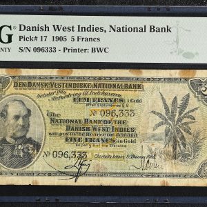 Dansk Vestindien / Danish West Indies, 5 Francs 1905, nr. 096333, Sieg 20, Pick 17, PMG 20 Very Fine - rust stains