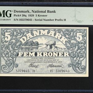 5 kroner 1929 H, nr. 5379645, V. Lange / Herman, Sieg 100, Pick 20q, PMG 55 About Uncirculated - Exceptionel Paper Quality. Top Pop (12. Oct. 2025)