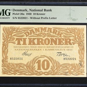 10 kroner 1930, nr. 8522021, V. Lange / Boye, Sieg 104, Pick 26a, PMG 50 About Uncirculated - minor rust. Top Pop (12. Oct. 2025)
