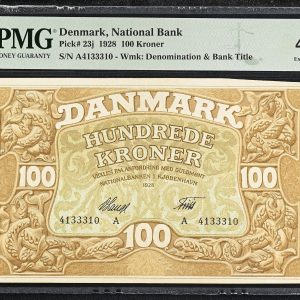 100 kroner 1928 A, nr. 4133310, V. Lange / Friis, Sieg 109, Pick 23j, PMG 40 Extremely Fine.